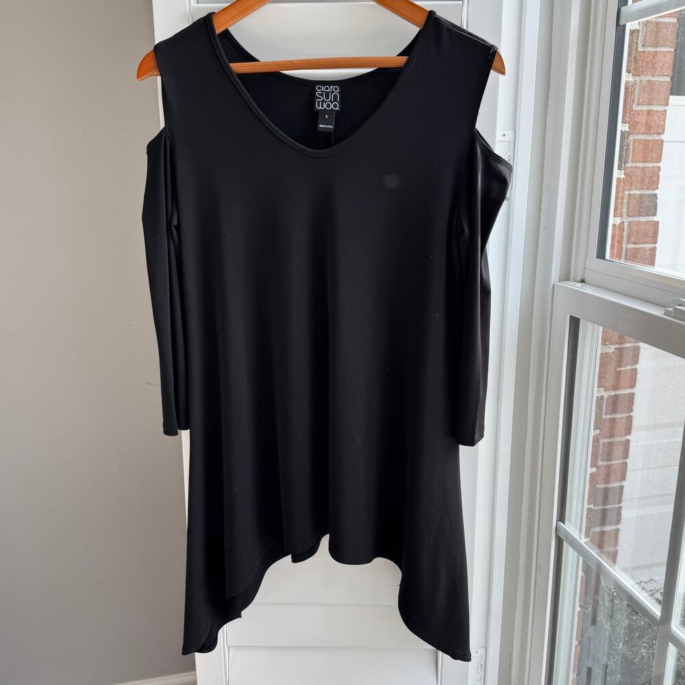 CLARA SUN WOO Black Tunic Top Womens Small Cold Shoulder V-Neck